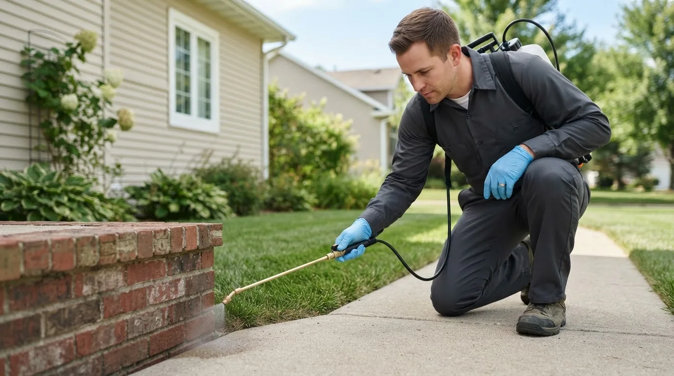 Pest control technician treating a home near Richgrove, CA